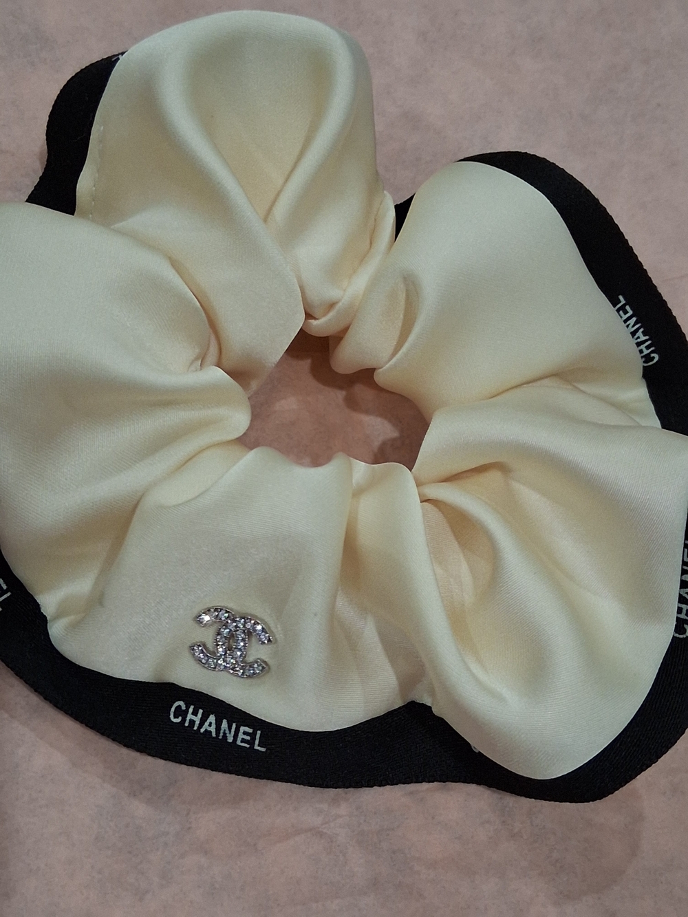 CHANEL GWP  Cream Satin Hair Scrunchie with Crystal CC Emblem on Black Trim.New